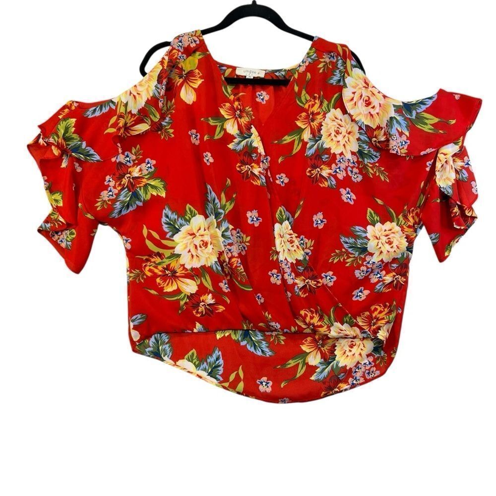 XL Umgee cold shoulder Red Floral TOP flare sleeves high low fit